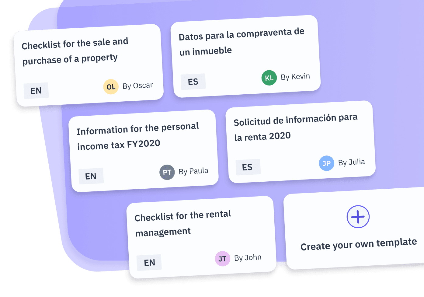 A picture showcasing the following templates from Parallel: sale and purchase of a property, income tax FY2020 and rental management.