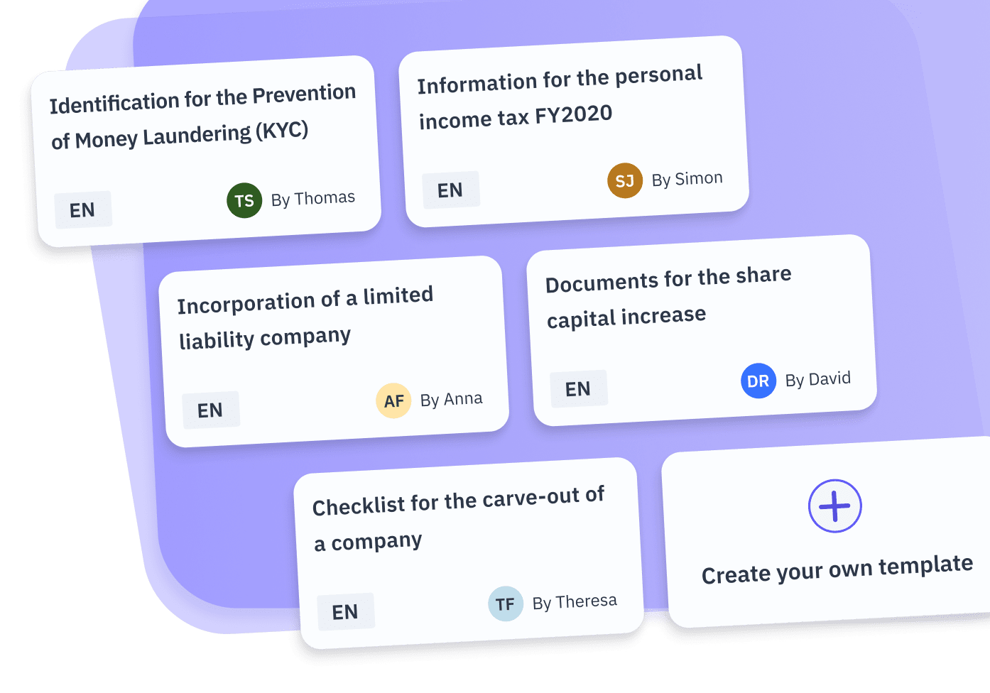 A picture showcasing the following templates from Parallel: KYC, income tax, incorporation of a limited liability company, share capital increase and carve-out of a company.